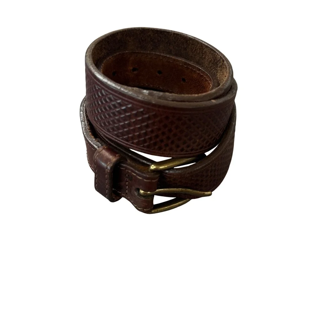 Orvis Basketweave Leather Belt Mens 36 Brown Good Made in USA Brass Buckle